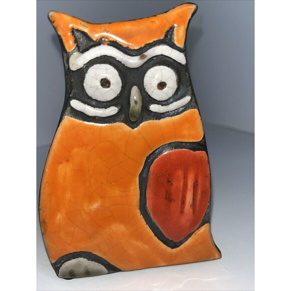 Vintage Handcrafted Black Clay Owl, Orange with Red Heart, Raku Pottery *Chips* - Picture 8 of 12